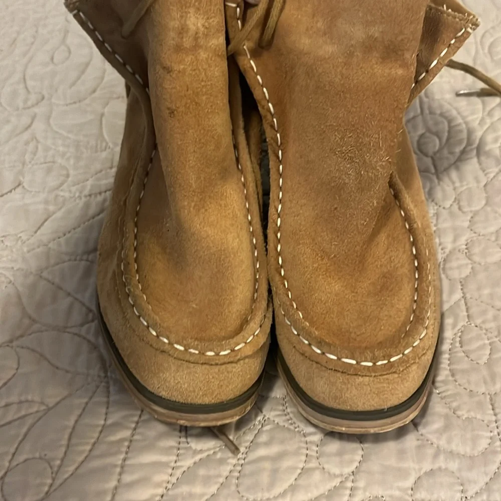 Lace Up Vintage Suede Leather Chukka Brown Carmel Tan Block Heel Ankle Boots 8